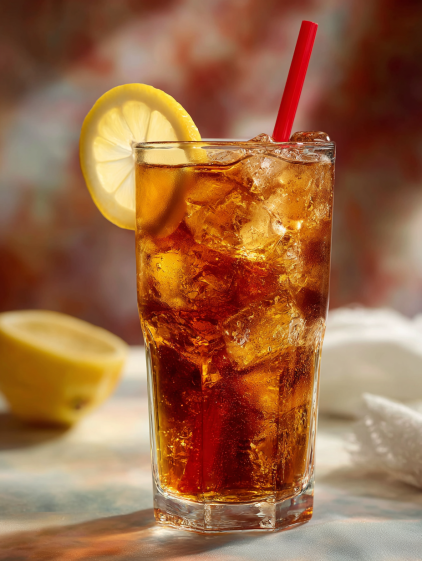A glass of Long Island Iced Tea with a lemon wedge.