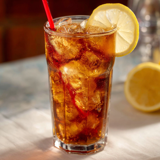 A glass of Long Island Iced Tea with a lemon wedge.