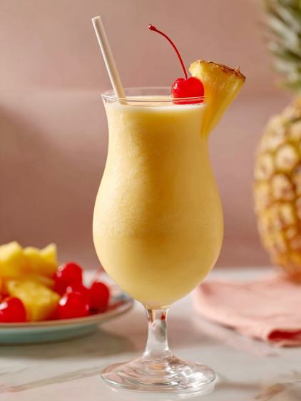 A glass of pina colada with a cherry on top.