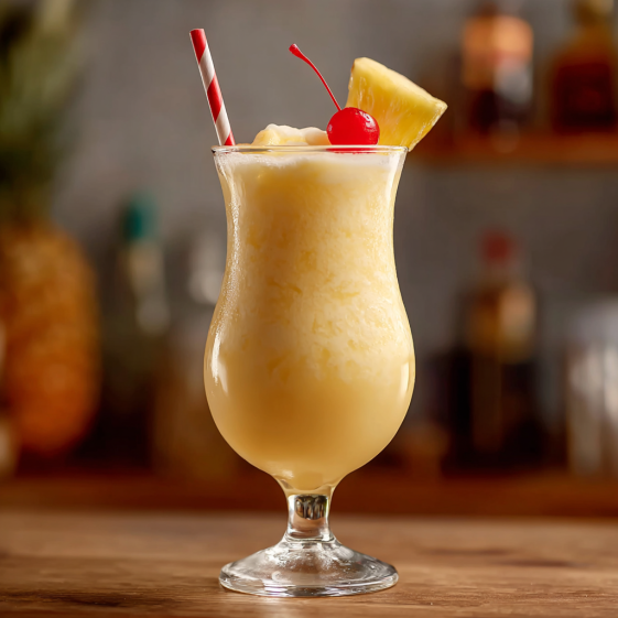 A glass of pina colada with a cherry on top.