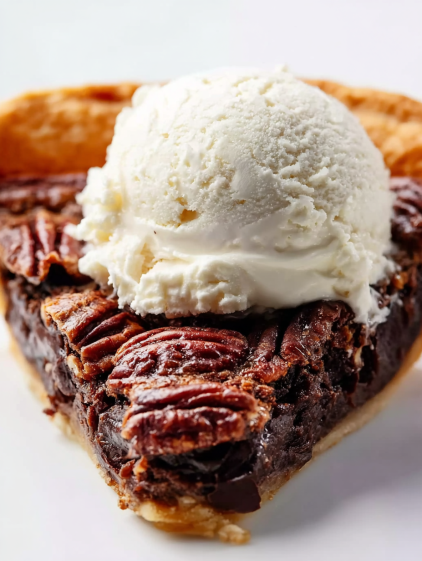 A slice of chocolate pecan pie with a scoop of ice cream on top.