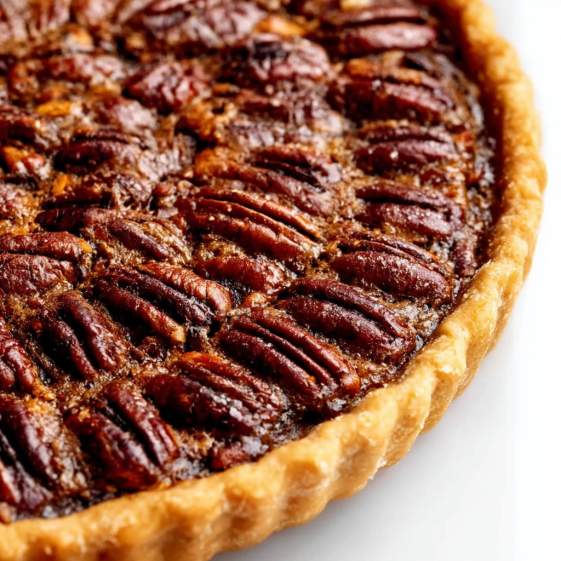 A slice of pecan pie with a crust.