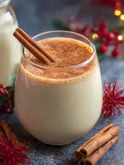 A glass of eggnog with a cinnamon stick in it.