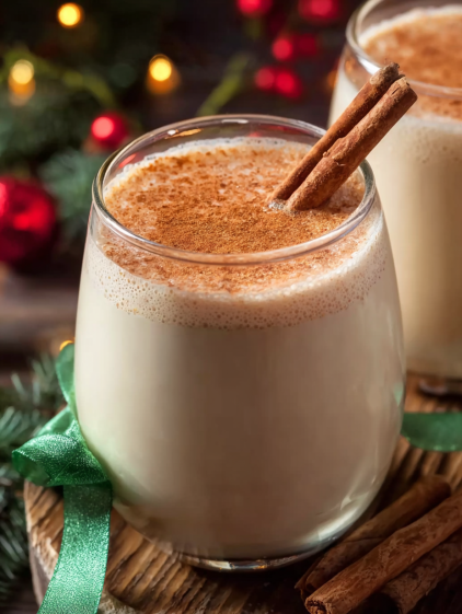 A glass of eggnog with cinnamon on top.