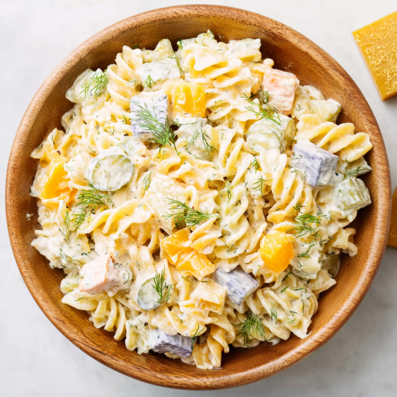 A bowl of pasta salad with dill pickles.