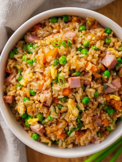 A bowl of ham fried rice.