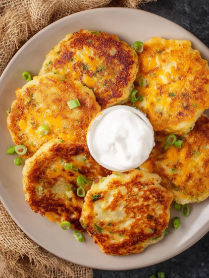 A plate of potato cakes with a dollop of sour cream on top.