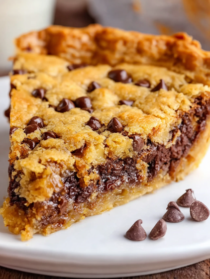 A slice of chocolate chip cookie pie.