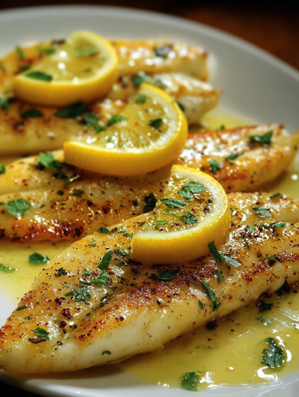 A plate of fish with lemon slices on top.