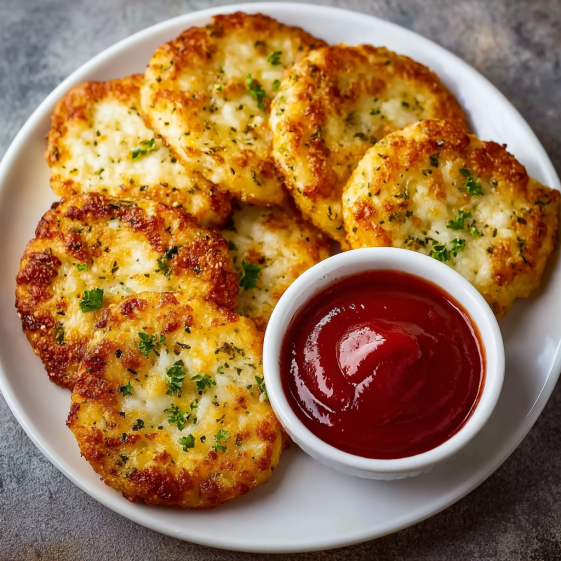 A plate of pizza with a ketchup dipping sauce.