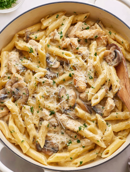 A bowl of creamy mushroom chicken pasta.