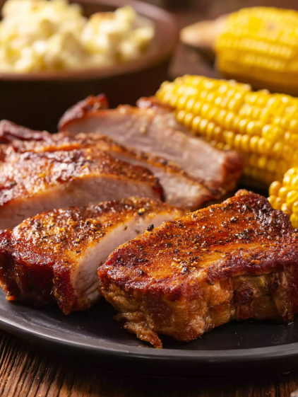 A plate of smoked pork steaks.