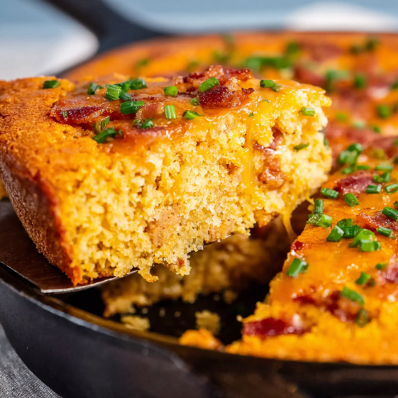 A slice of bacon cornbread.