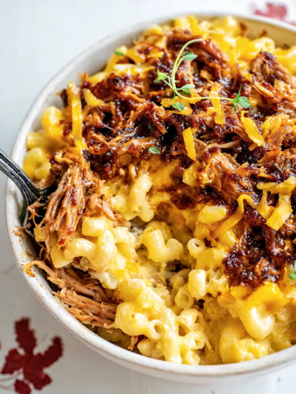 A bowl of macaroni and cheese with pulled pork.