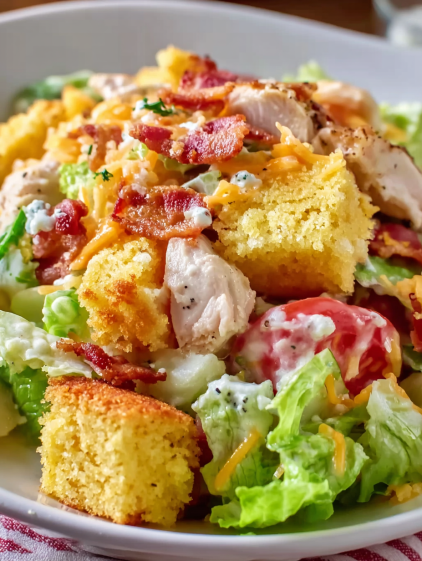 A salad with bacon, tomatoes, lettuce, and corn bread.
