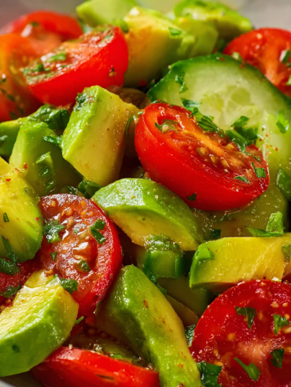 A salad made of tomatoes, cucumbers, and avocados.