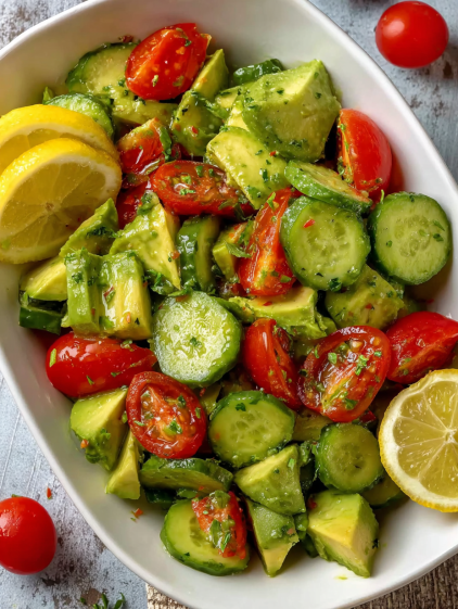 A bowl of cucumber, tomato, and avocado salad.