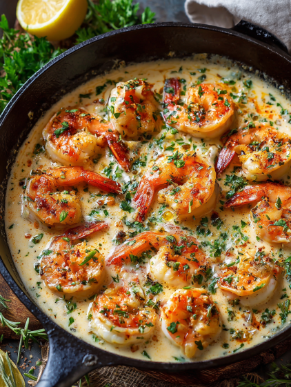 A creamy coconut shrimp dish with a variety of shrimp pieces.