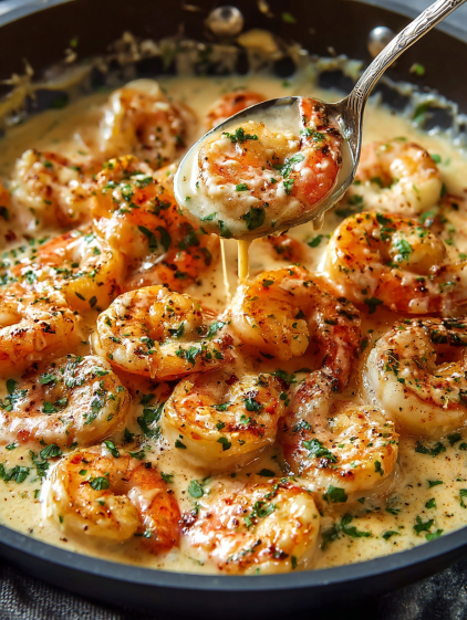 A bowl of shrimp with a spoon in it.