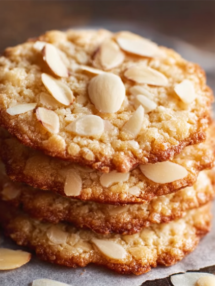 A stack of cookies with almonds on top.