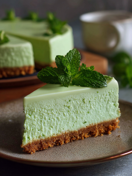A slice of mint cheesecake on a plate.