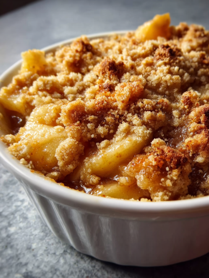 A bowl of food with a crumbly topping.