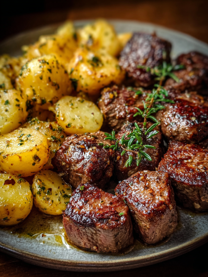 A plate of meat and potatoes.