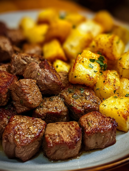 A plate of meat and potatoes.