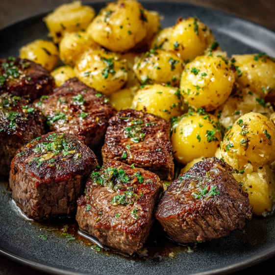 A plate of meat and potatoes.