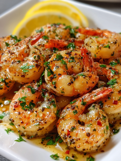 Shrimp in a delicious garlic and herb sauce.