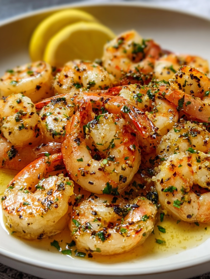 Shrimp in a delicious garlic and lemon sauce.