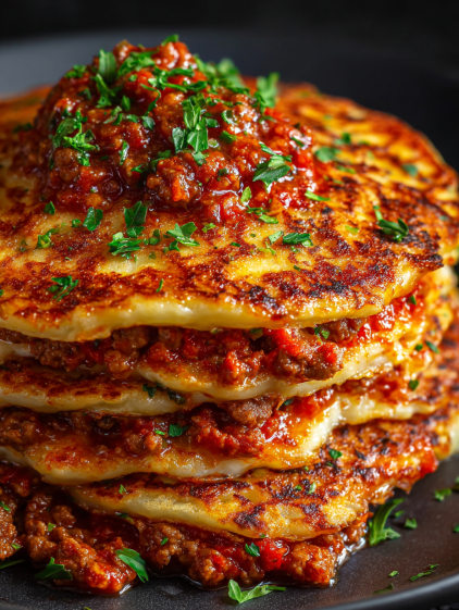 Chicken pancakes with bolognese sauce.