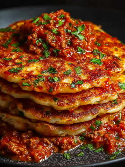 Chicken pancakes with bolognese sauce.