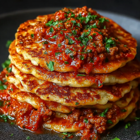 A stack of chicken pancakes with bolognese sauce.
