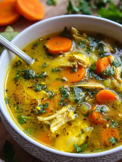 A bowl of soup with carrots and broccoli.