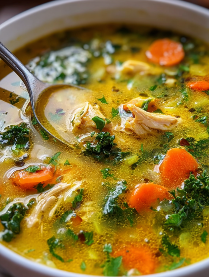 A bowl of soup with a spoon in it.