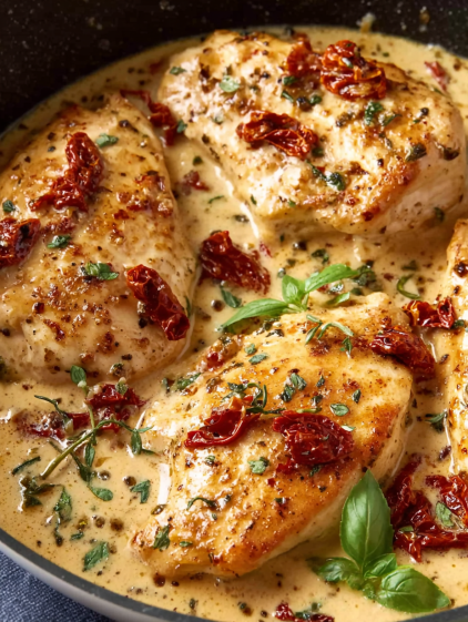 Chicken with red peppers and herbs.