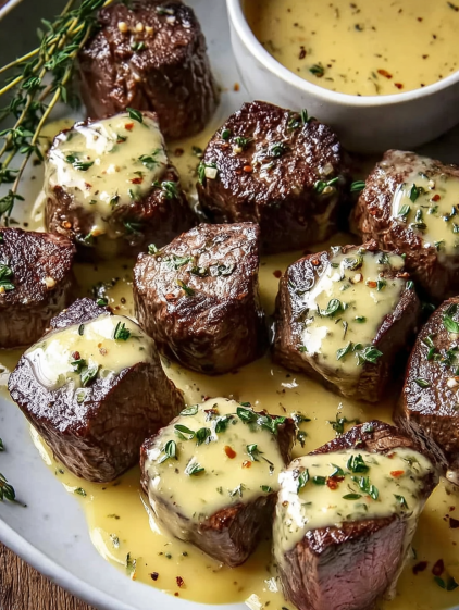 Garlic butter steak bites on a plate.