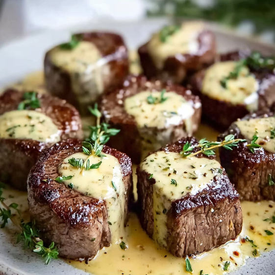 A plate of garlic butter steak bites.
