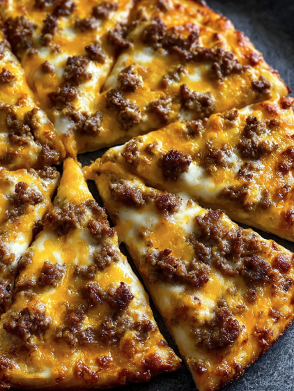 A slice of pizza with cheese and sausage.