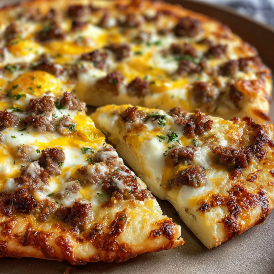 A slice of pizza with cheese and sausage on it.