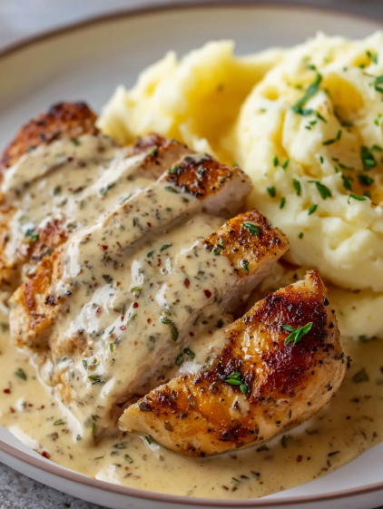 A piece of chicken in a creamy sauce with mashed potatoes and herbs.