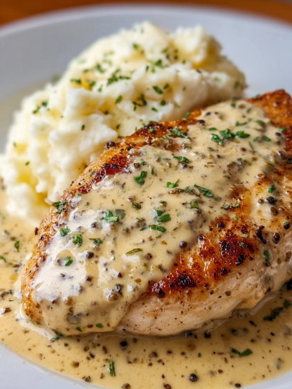 A piece of chicken in a creamy sauce with mashed potatoes and herbs.
