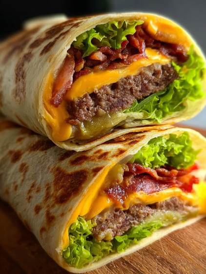 A burger wrapped in bacon and lettuce.