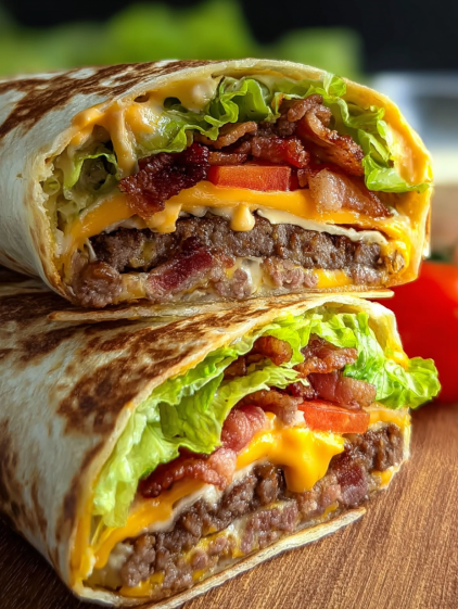 A burger with bacon and lettuce in a wrap.