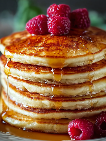 Fluffy pancakes stacked on top of each other.