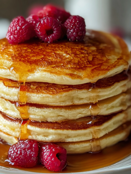 Fluffy pancakes with raspberries on top.