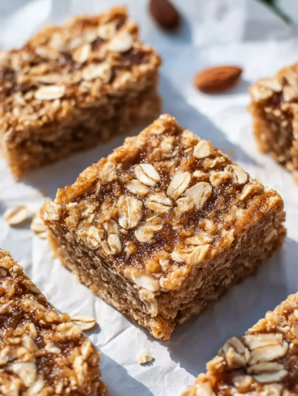 A close up of a square of baked oatmeal.
