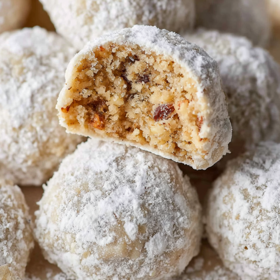 Snowball cookies on a table.