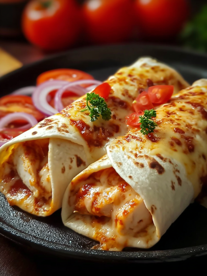A delicious wrap with chicken and cheese.
